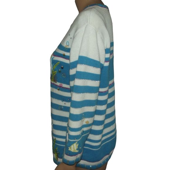 Striped Blue and White Sweater with Fish Embroidery - Picture 10 of 12